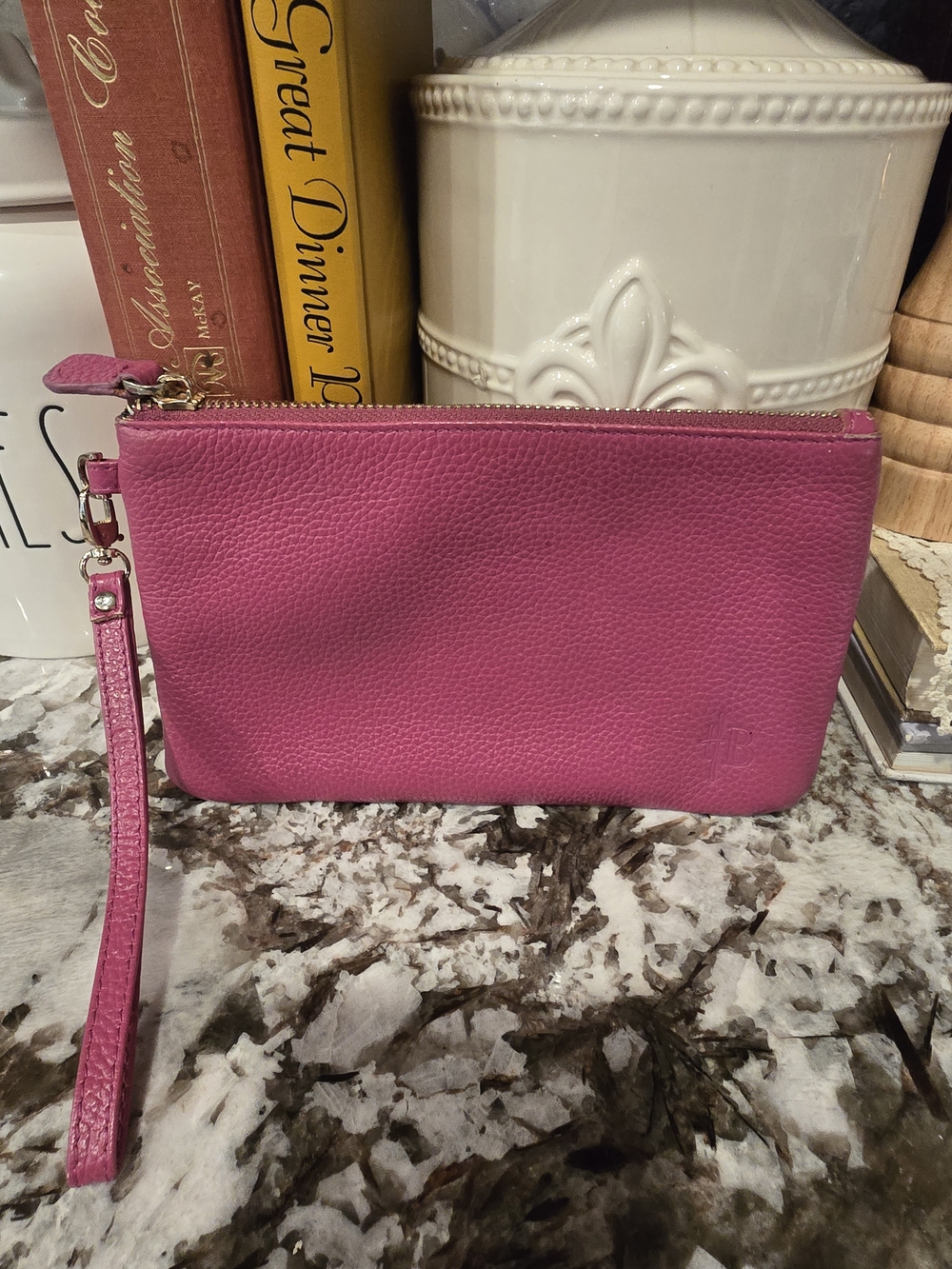 Women's Fuchsia Leather Wristlet Clutch with Detachable Strap